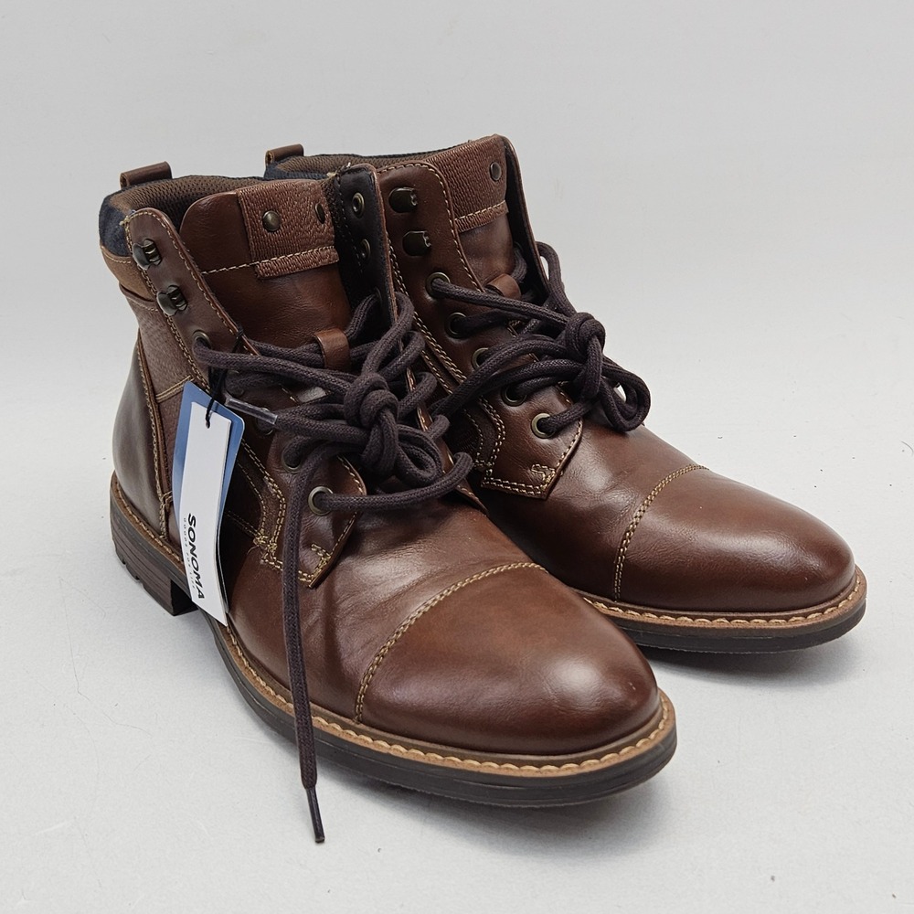 Sonoma Goods for Life Graham Mens 8 Medium Cognac Brown Cap Toe Lace Up Boot NEW